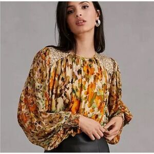 Anthropologie Blank London Floral Sequin Shoulder Long Sleeve Blouse Size M